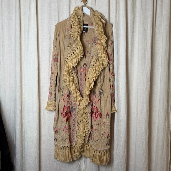 JOHNNY WAS BIYA Cardigan Sweater Duster Hoodie Buttermilk Yellow Embroidered S - Picture 6 of 8